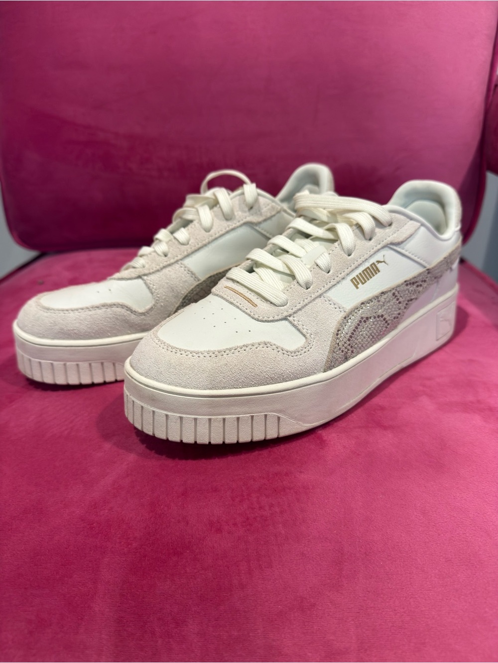 Puma Carina Women's Platform Sneakers in Light Cream and White with Snake print